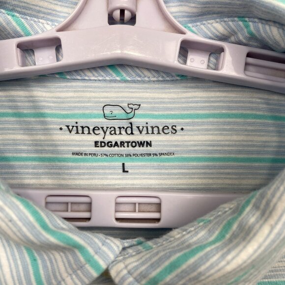 Vineyard Vines Edgartown Polo Shirt Men L Purple/Green Stripe Whale Logo Stretch - Picture 6 of 9